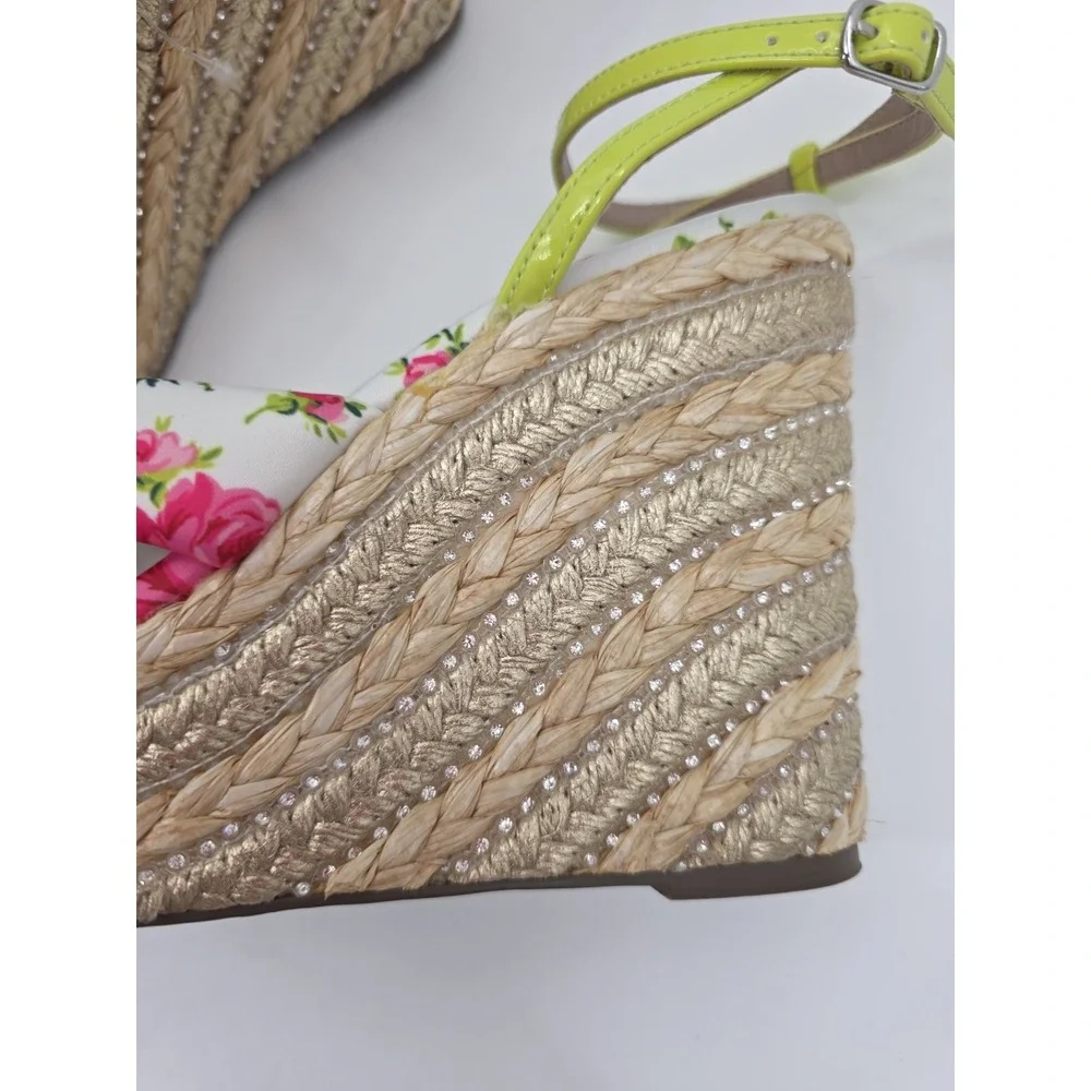 Betsey Johnson Floral Rose Satin Bow Espadrille Wedge Sandals Size 11